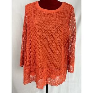 Womens XL extra large orange tunic top lined crocheted lace long sleeve EUC